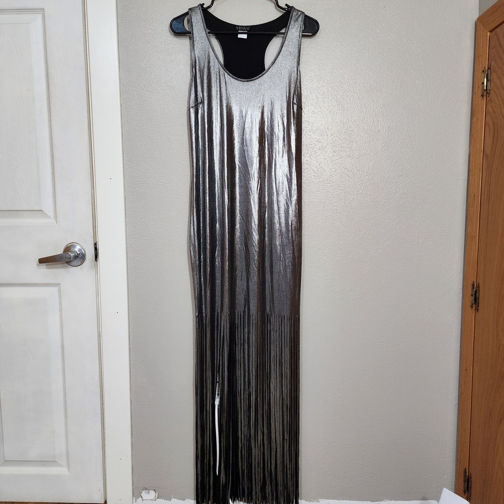 Venus Womens Large Dress Silver Metallic Fringe Sleeveless Racerback Maxi Party